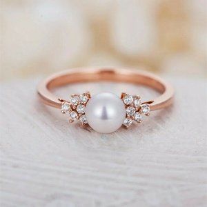 New Beautiful 14k Rose Gold Plated Silver Cultured Pearl White Sapphire Ring
